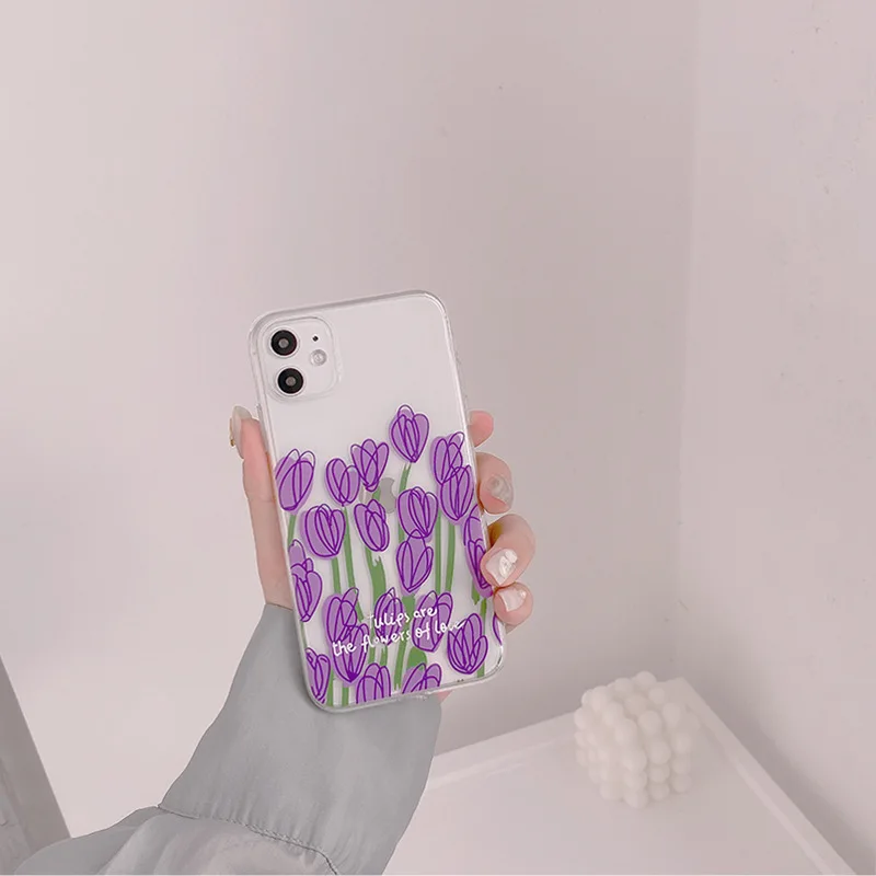 

Purple Cartoon Tulip IPhone11ProMax/12Mini/XR/XS/X/8/7 Anti-drop Soft Silicone Transparent Couple Mobile Phone Case Wholesale