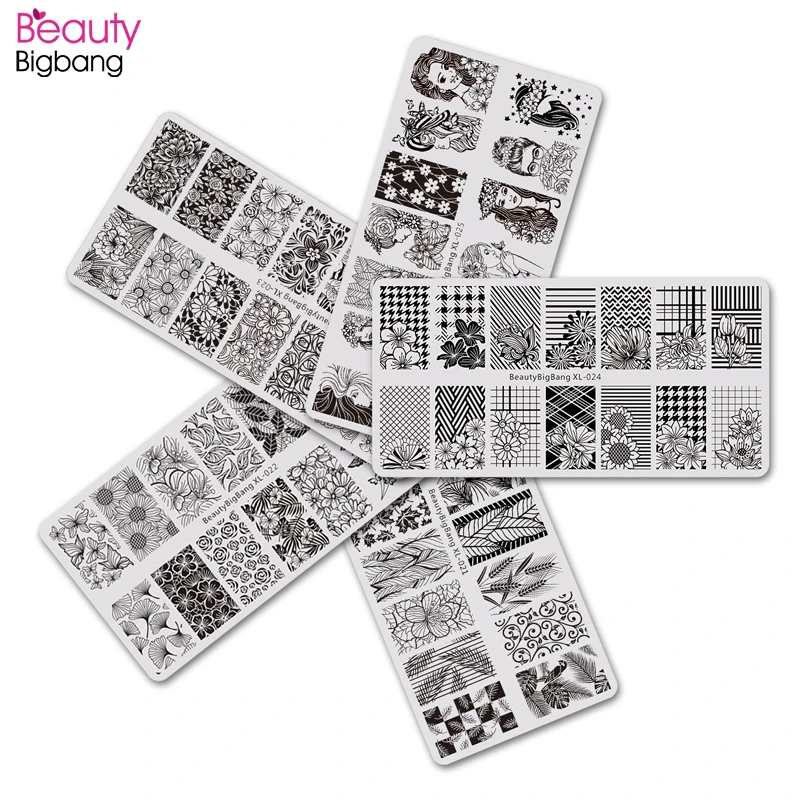 Beautybigbang набор штампованных пластин 5 шт. шаблон для дизайна ногтей девушка цветок листья полосатые линии изображение штамповки для ногтей набор пластин