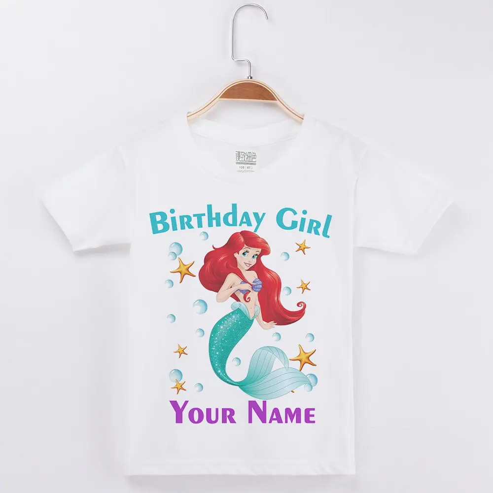 

Baby Girl Happy Birthday Mermaid Print Girls Shirts Number 1-10 Custom Name Birthday Present Party Tees Kids Clothes