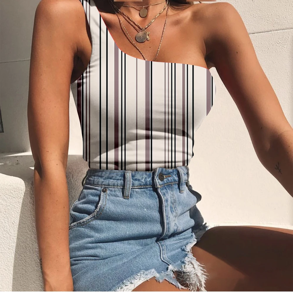 

Новинка, женский жилет на одно плечо с принтом в полоску, с перекрестными краями, футболка