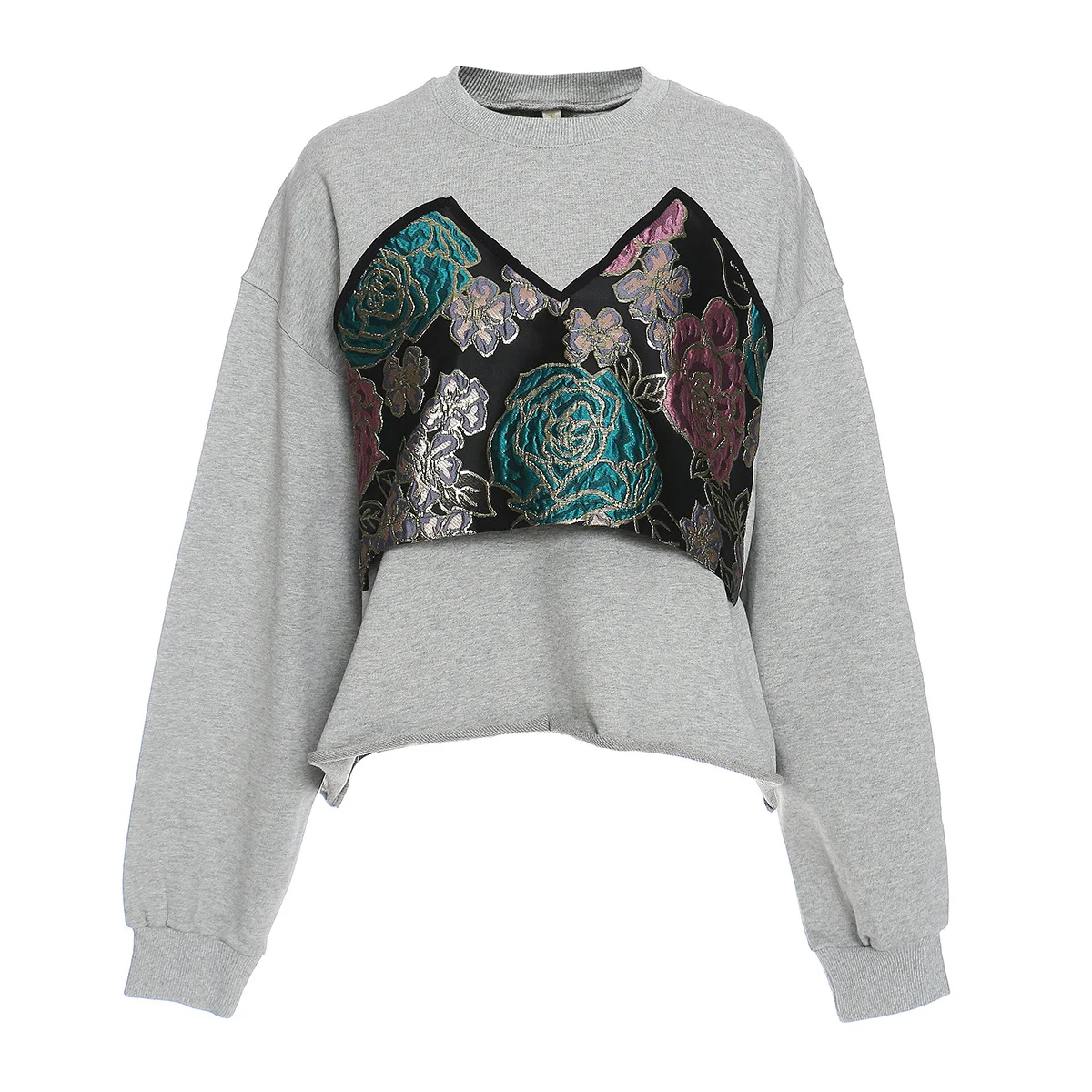 

2021 Spring New Irregular Floral Embroidery Splicing Women's Sweatshirt O-neck Long Sleeve Loose Pullover Tops Dd93