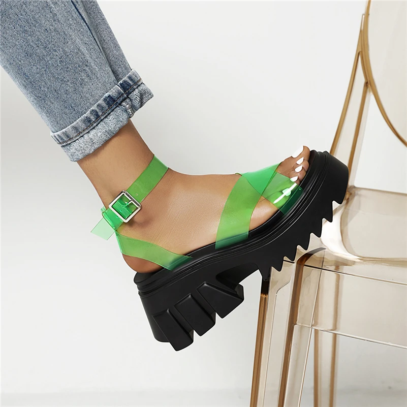 

FOREADA Women Sandals Gothic Shoes Platform Round Toe Block High Heels Sandals Narrow Band Ankle Strap Ladies Footwear Summer 43