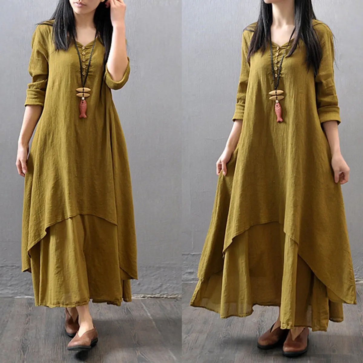 Весна Boho женское V Nekc крестьянское этническое хлопковое льняное Повседневное платье макси с длинными рукавами на пуговицах Несимметричное длинное платье хит