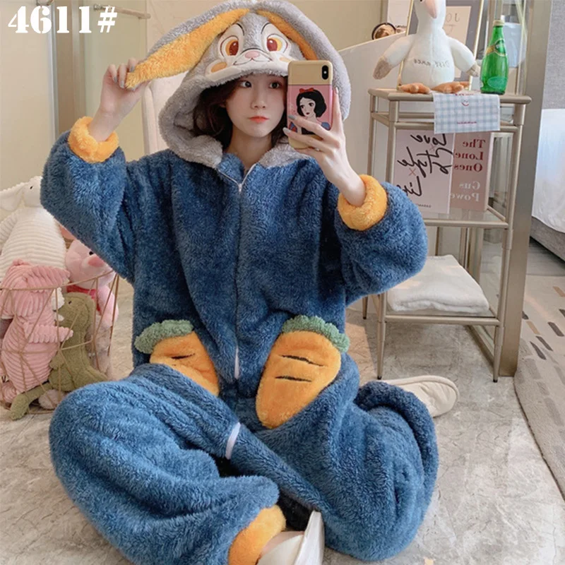 Flannel Pajamas One-piece Women's Coral Velvet Home Clothes Lovely Cartoon Hooded Pajamas Set Winter Pajamas