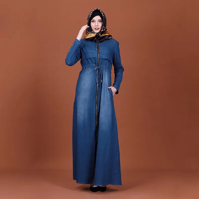 

Abaya Muslim Denim Dress Zipper Dresses Cardigan Kimono Long Robe Gowns Tunic Islamic Soild Color Clothing