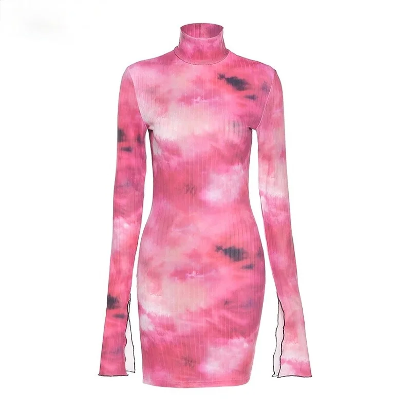

2021 Sexy High Split Hip Bag Tie-dye Print Petal Sleeve Half-high Collar Casual Elastic Cottagecore Bodycon Colorful Mini Dress