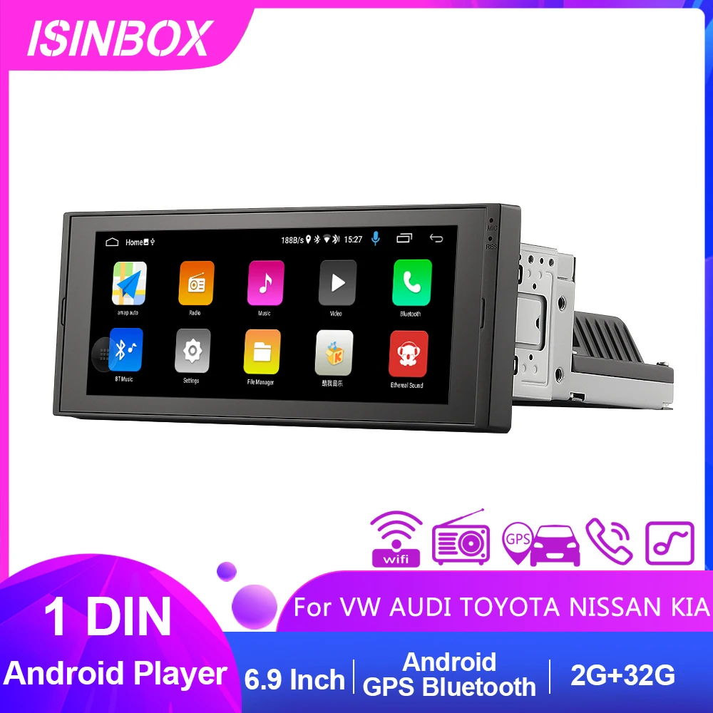 

ISINBOX 1 DIN Android 10.1 Car Radio 6.9 Inch IPS Touch Screen GPS Auto Stereo RDS Bluetooth WiFi AUX Input USB Ports Radio