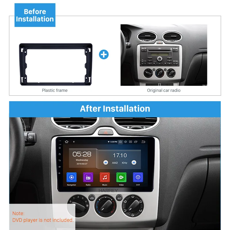 Панель для приборной панели автомобиля Harfey 9 дюймов черная рамка FORD FOCUS 2005 2008
