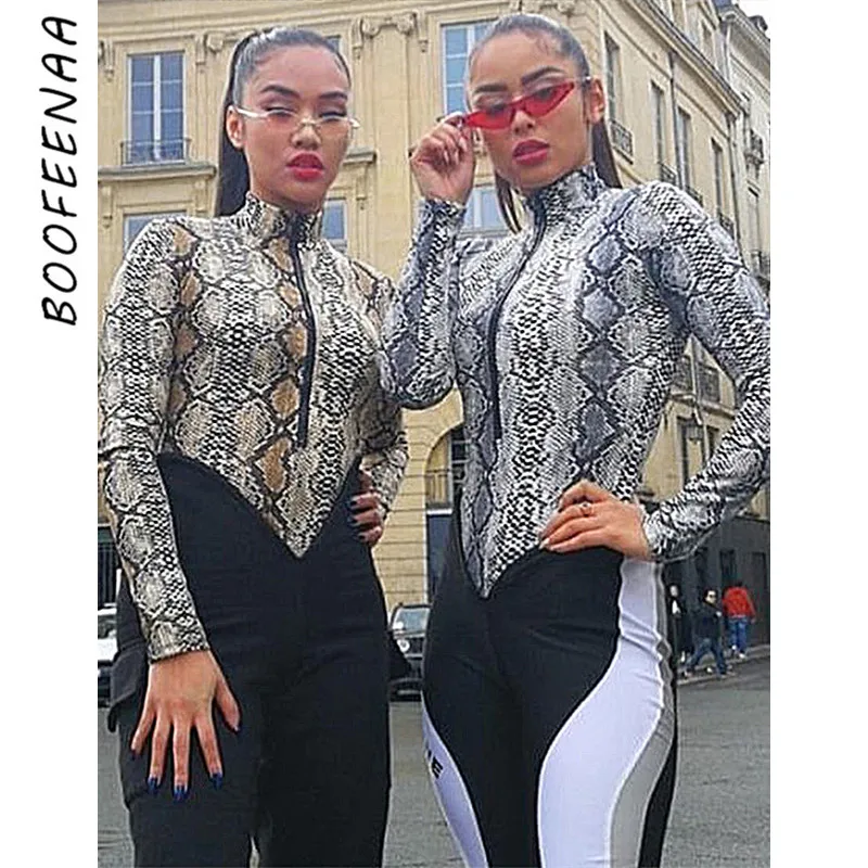BOOFEENAA/боди на молнии со змеиным принтом с высоким воротом длинным рукавом топы