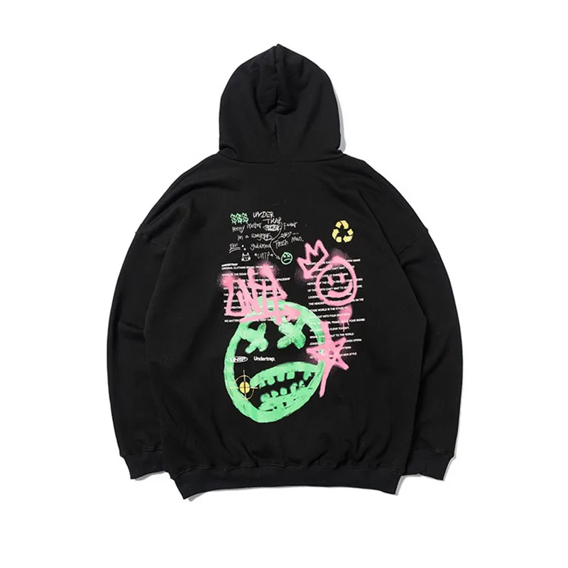

Men's Sweatshirt Spring New Style Plus Velvet Hip-Hop Street Hand-Painted Graffiti Smiley Face Hoodies Cotton Loose Sweatshirt
