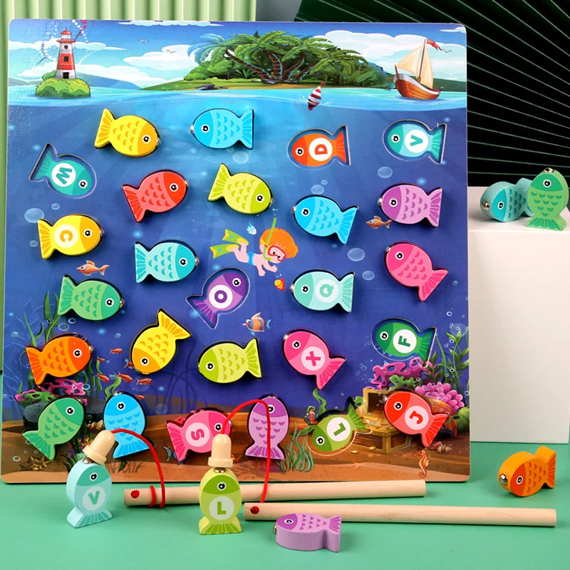 

Дошкольные Деревянные игрушки Монтессори, магнитная игра для рыбалки, Детский пазл с буквами и цифрами для раннего обучения, детские подарк...