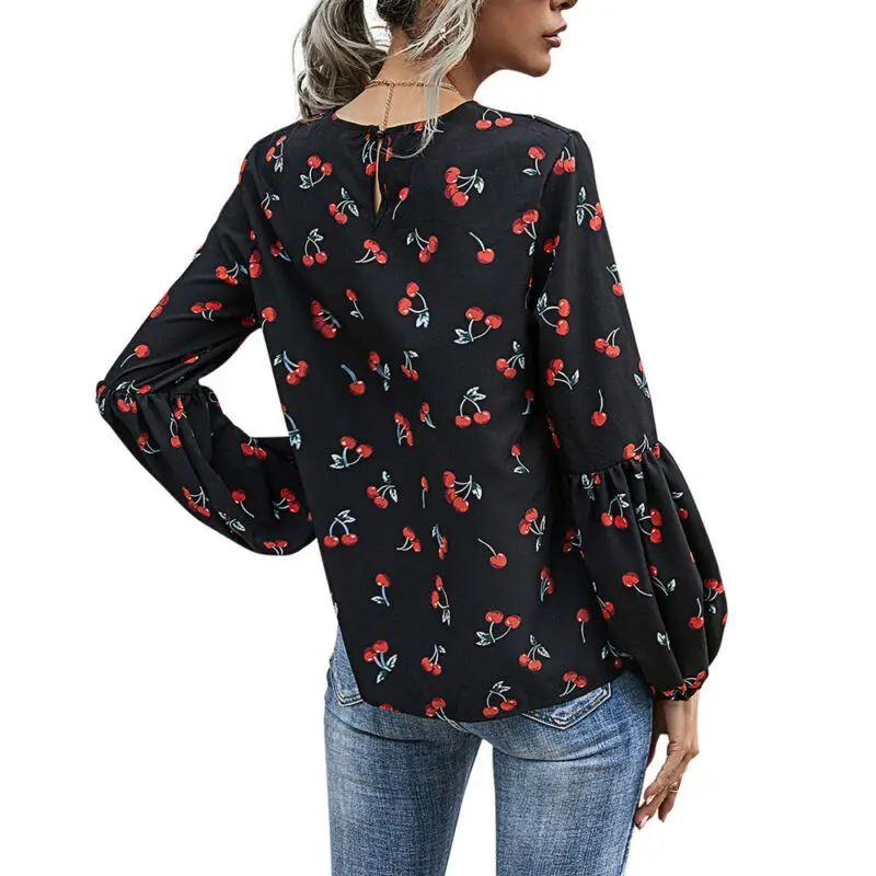 

Womens Spring Cherry Floral Long Sleeve Blouse Tops Ladies Casual T Shirt