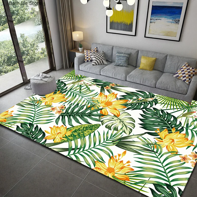

Tropical Green Leaves and Flowers Area Rug Soft Polyester Flannel Area Rug Mat Carpet for Living Dining Room Bedroom Home Decor
