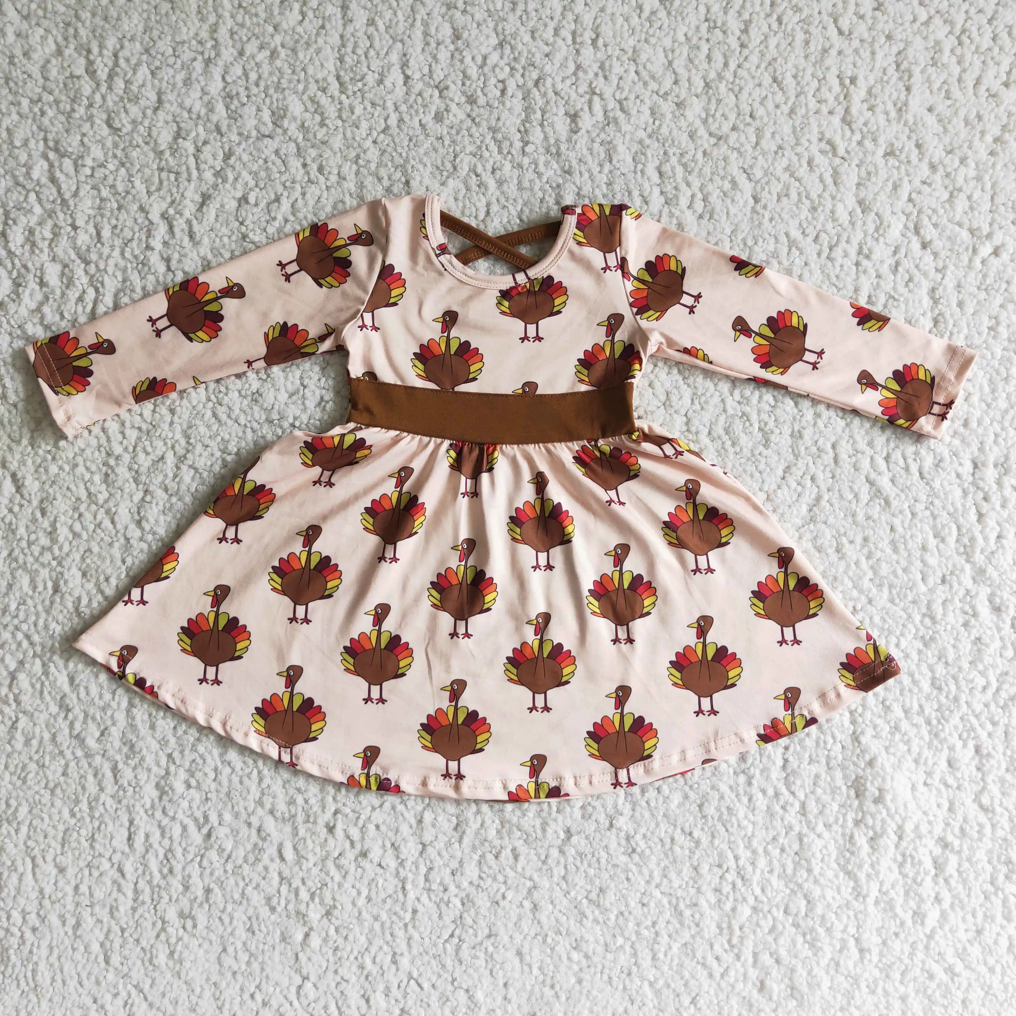 

Thanksgiving Long Sleeve Twirl Dress Turkey Pattern Print Style Baby Girls Boutique Wholesale Clothing