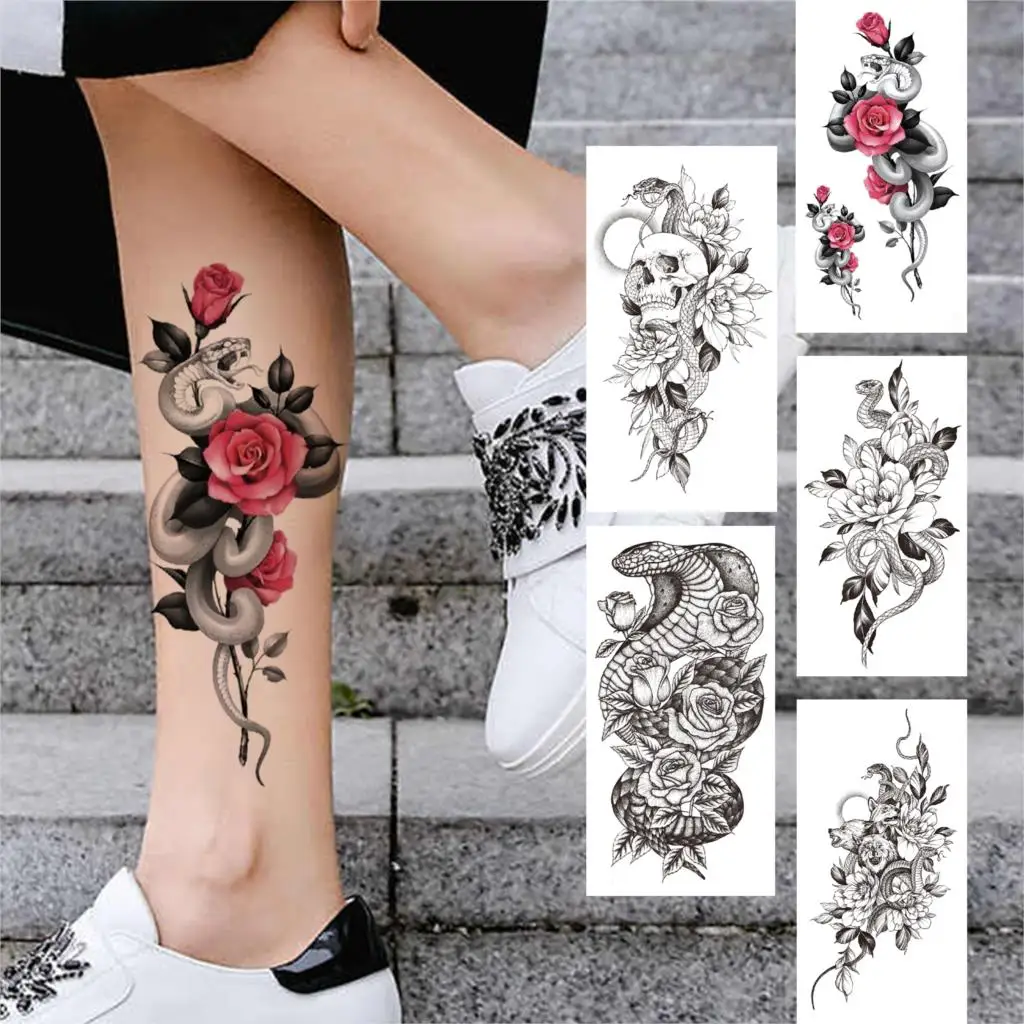 3D Snake Rose Temporary Tattoos For Women Girls Fake Flower Tattoo Sticker Black Death Eaters Dark Mark Mamba Snake Peony Tatoos