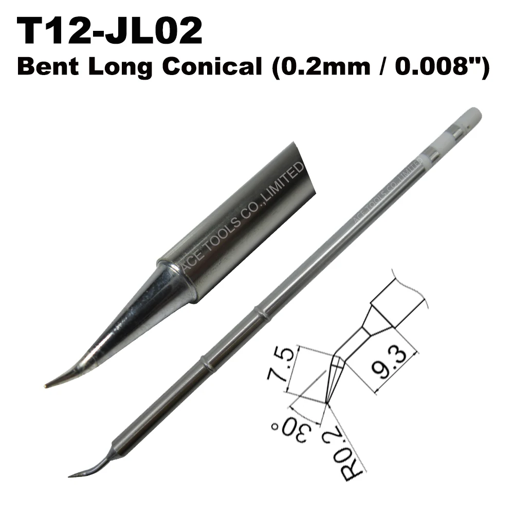 

T12-JL02 Bent Long Conical 0.2mm Soldering Tip for HAKKO FX-951 FX-950 FX-952 FX-9501 FM-2028 FM2027 Iron Handle Bit Replacement