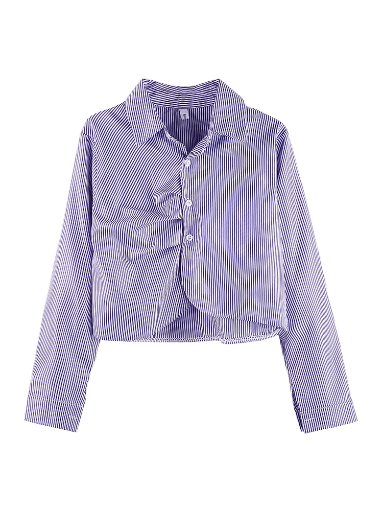 

Blue striped shirt female design sense spring autumn shirt 2021 new retro Hong Kong flavor long-sleeved short top clothes