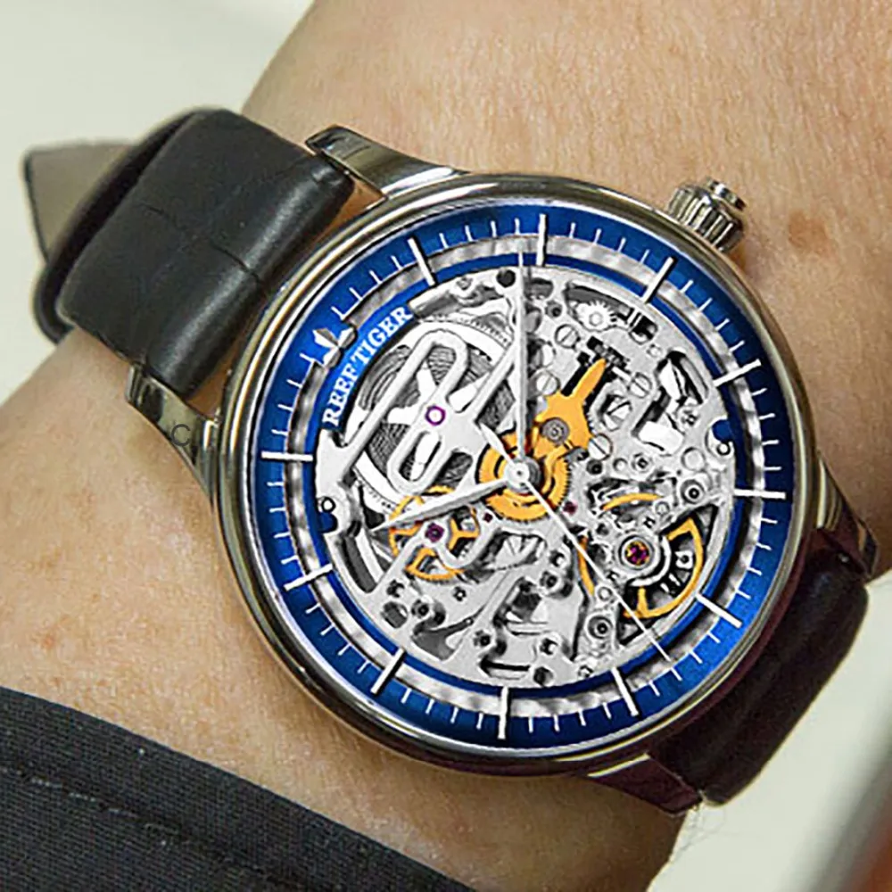 Мужские дизайнерские автоматические часы Reef Tiger/RT со стальным корпусом желтое