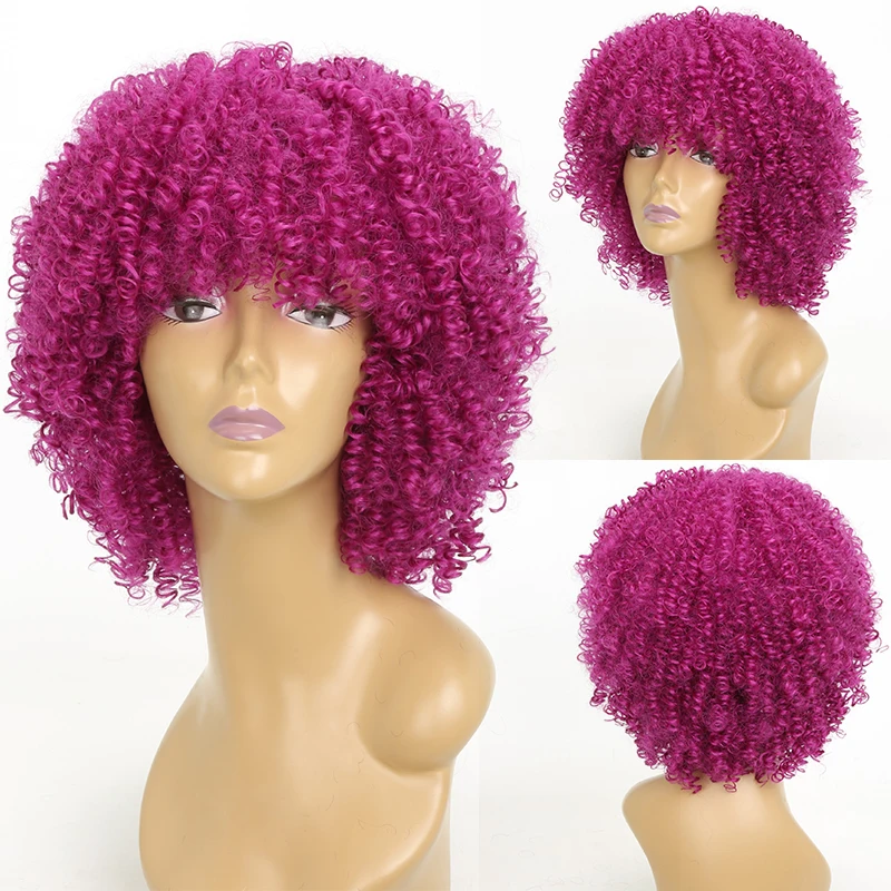 

Burgundy Natural Curly Wigs for Black Women 15 Inch Afro Kinky Curly Hair Wig with Bangs Synthetic False Hair Cosplay Lolita Wig