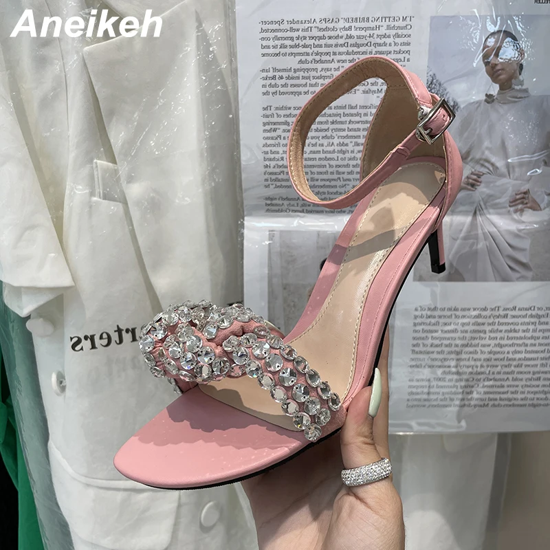 

Aneikeh 2021 Summer Fashion Bling Decoration Open Toe Shallow Women Shoes Cover Heel Buckle Strap Party Sandals Zapatos Mujer