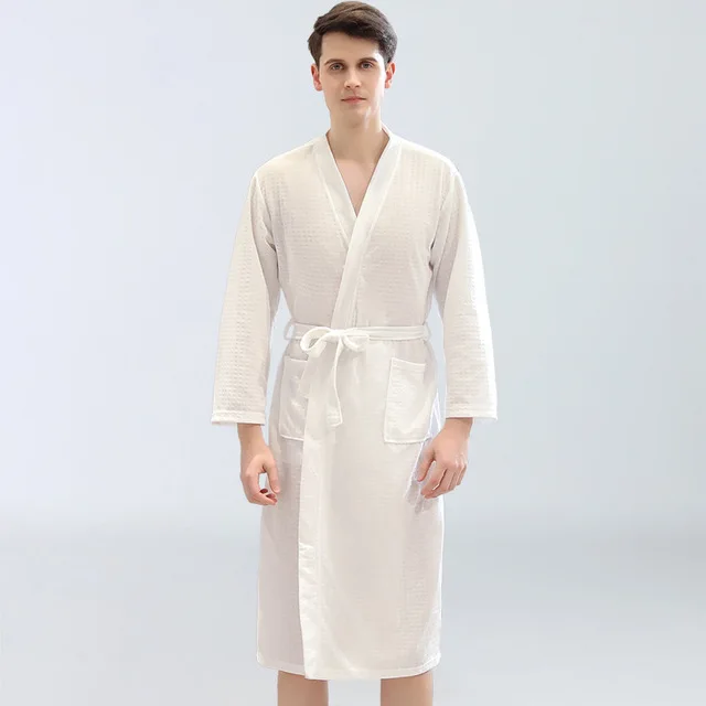 men WHITE Вафельное кимоно для влюбленных, хлопковый Халат для женщин и мужчин, длиной до колена, полотенце, отсасывающее пот, Летний Тонкий купальный халат, Femme, халат для подружки невесты - Цвет: men WHITE