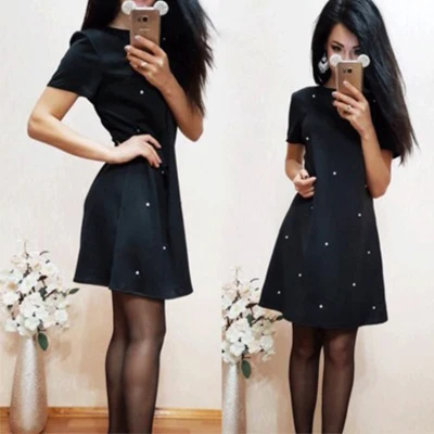 Однотонные Свободные мини-платья с круглым вырезом, Украшенные бусинами, женское повседневное короткое платье-рубашка, Женские Простые платья трапециевидной формы с высокой талией для девушек, летние - Цвет: Black
