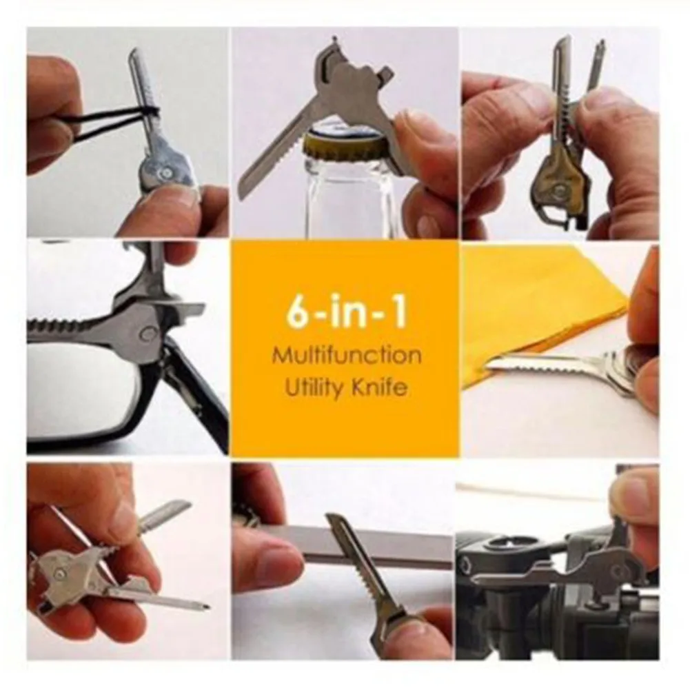 

6 In 1 Pocket Blade Fold Key Ring Portable Key Shape Opener Outdoor Camping Survival Escape Tool Kit Multi-function Keychain