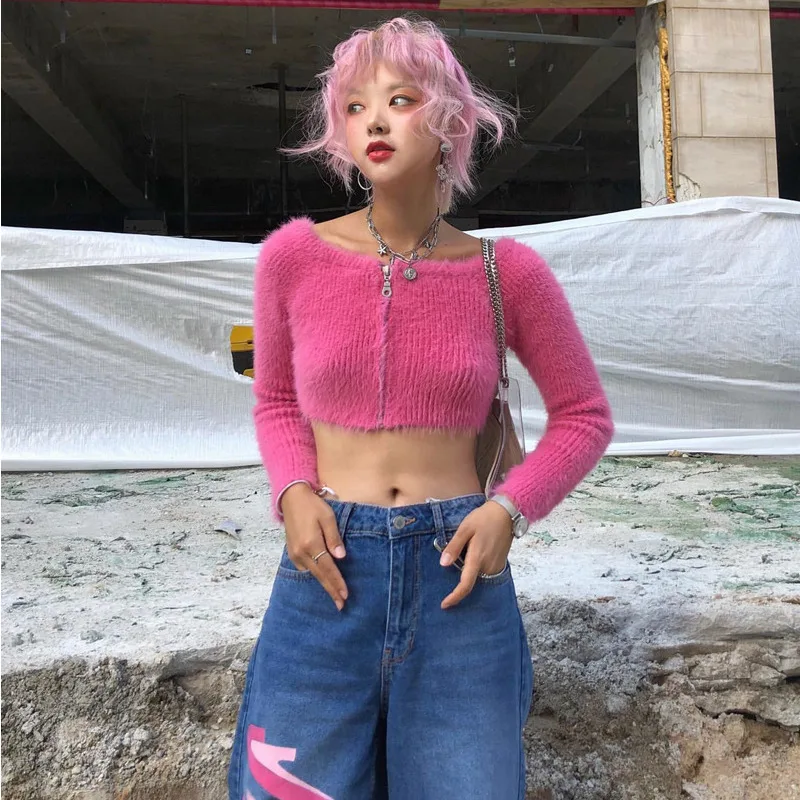 Y Demo Grunge Solid Color Slash Neck Zipper Jacket Women Casual Long Sleeve Sexy Short Sweater Female Knitted Pullover |