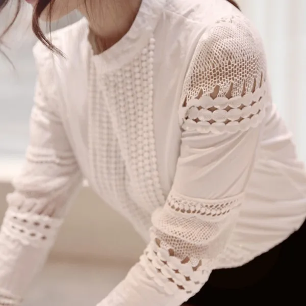 Модные женские Белые блузы с длинным рукавом кружевные вязанные женская одежда