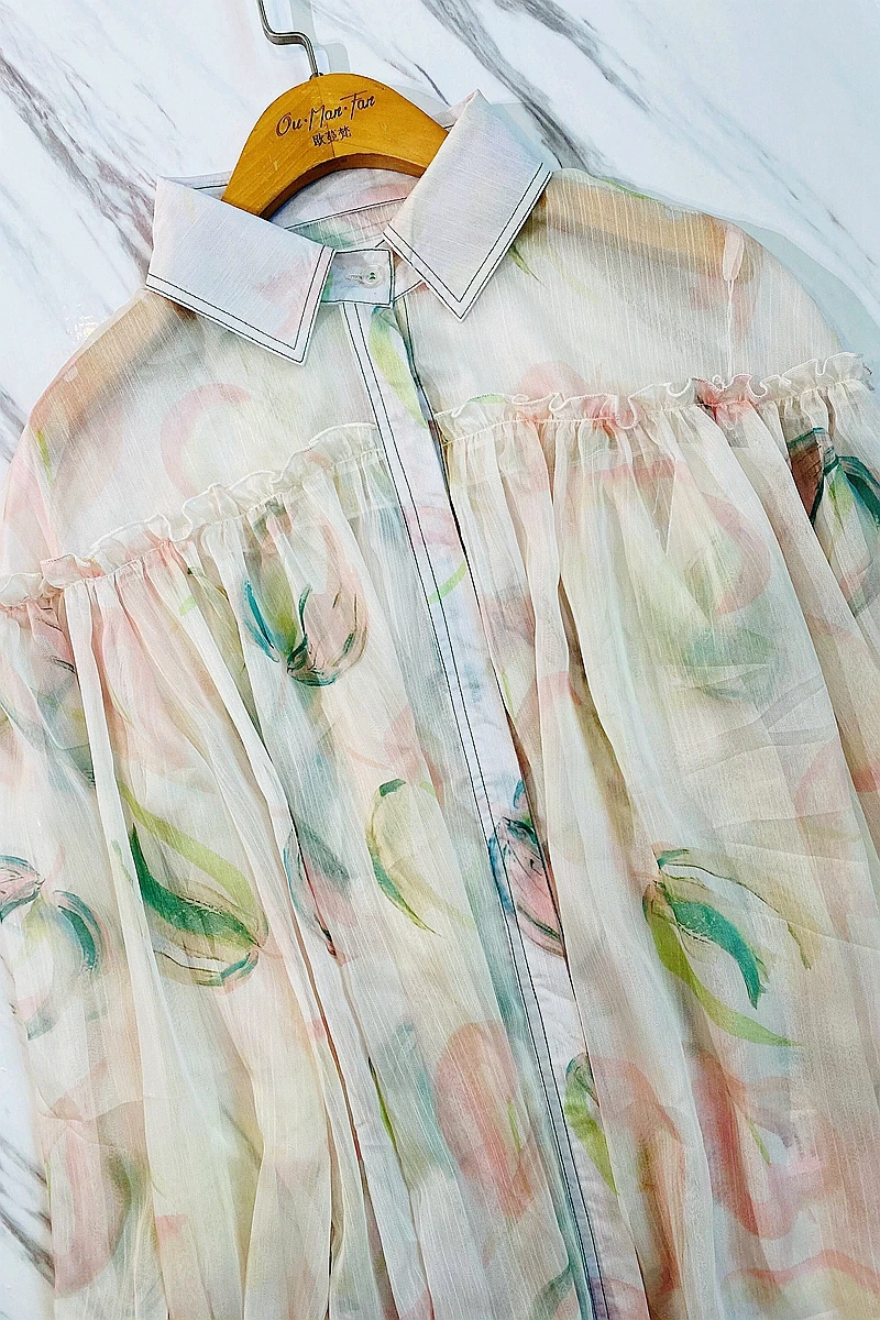 

European Tops Women 2021 Spring Summer Elegant Ruffles Long Sleeve Floral Printed Chiffon Blouse Loose Chemise Femme