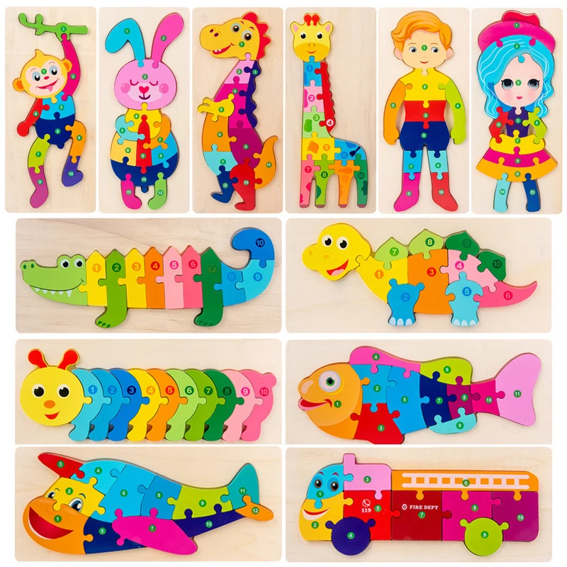 Деревянные игрушки, милый 3D динозавр, жираф, животные, цифры, головоломки для детей, детские когнитивные Обучающие игрушки Монтессори