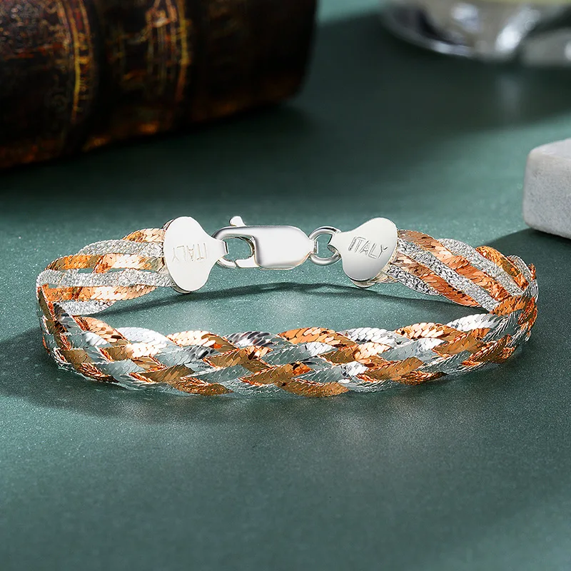 

CMajor Italian Style Soild Sterling Silver Jewelry Muti Color 18K Rose Gold White Gold Two-tone Weave Bracelets for Women