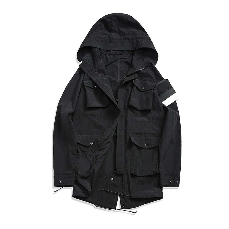 

Spring and autumn men's nylon mid-length jacket multi-pocket functional wind casual hooded jacket casual loose-fitting coat