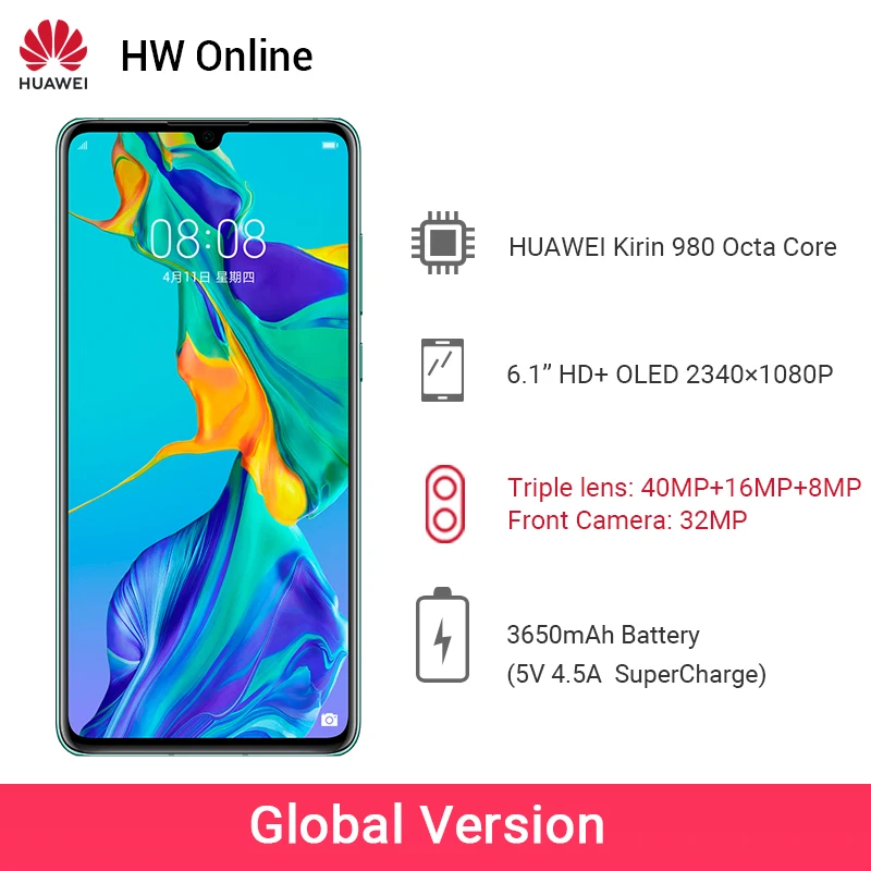 Huawei P30, 8 ГБ ОЗУ, 128 Гб ПЗУ, смартфон Kirin 980, четыре ядра, мобильный телефон, экран 6,1 дюйма, 40 МП, 3 камеры, Android 9, NFC, супер зарядка