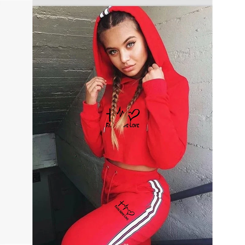 

Ladies Trend Sports Spring and Autumn Casual 2 Piece Suit Printing Hooded Pullover + Side Stripe Pants Powder Hoodie Clothes Spu