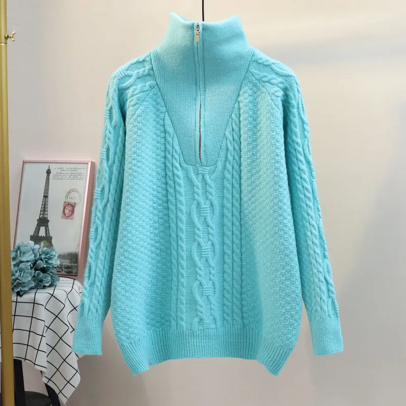 

High Neck Zipper Sweater Jacket Women New Autumn Winter Knitted Sweater Female Outer Wear Fashion Loose Twist Thick Warm Tops