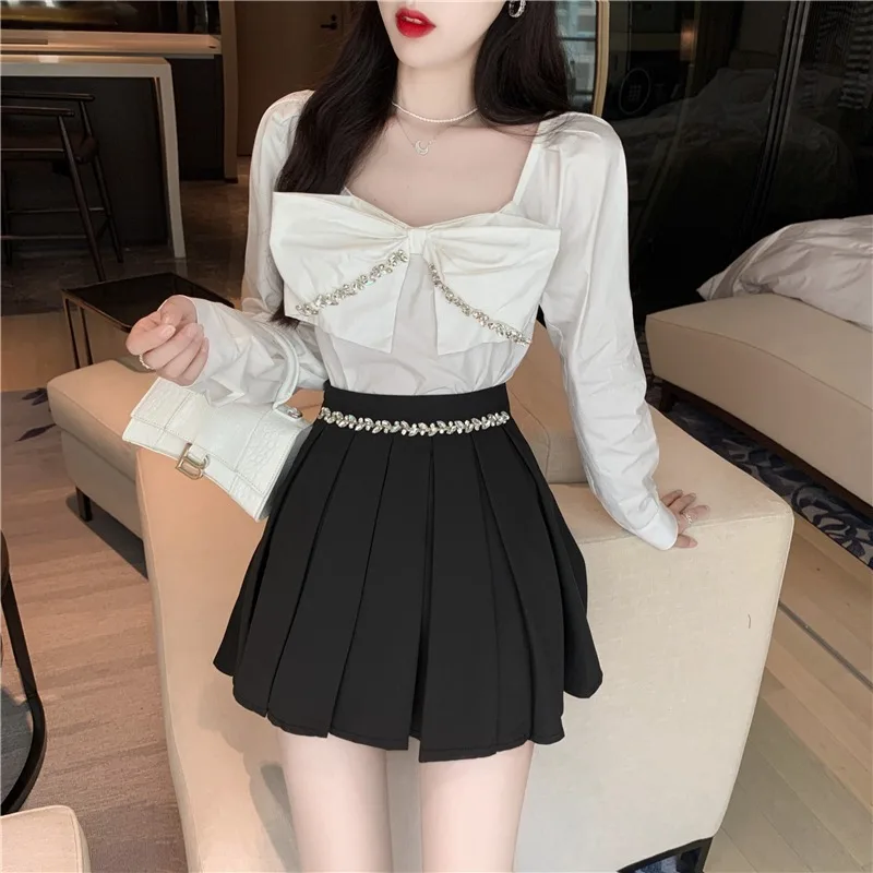 

Женская блузка из двух предметов, белая тонкая прямая блузка с квадратным воротником и открытой спиной, с бантом и бриллиантами