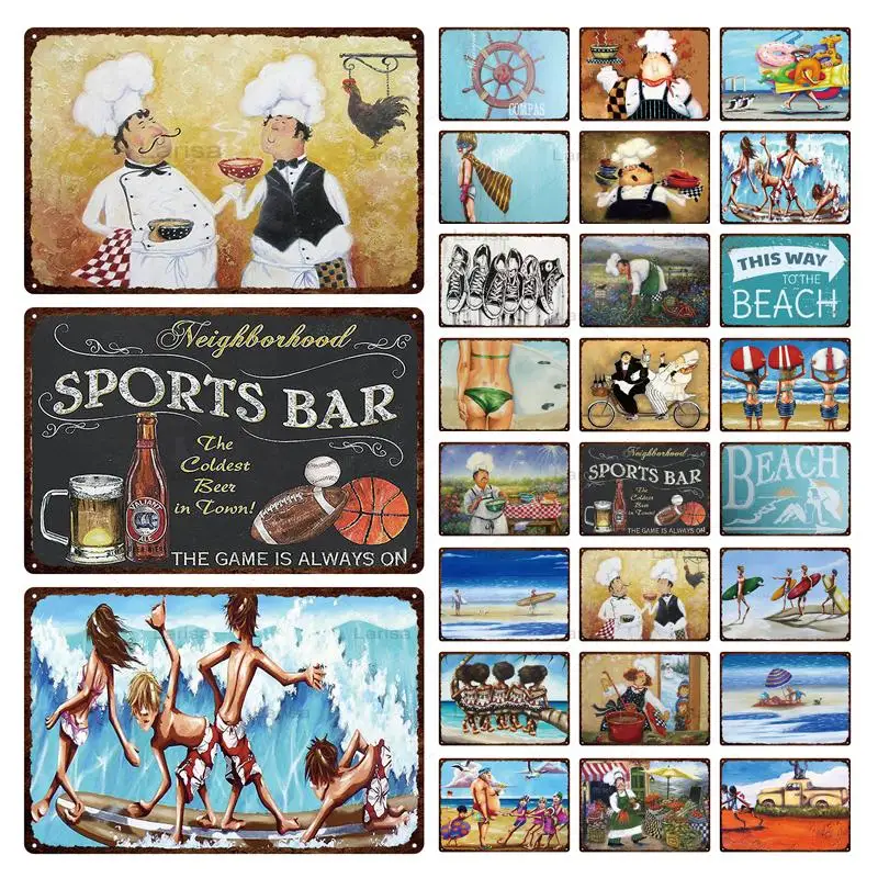 

Iron Sheet Decoration Beach Bar Chef Theme Metal Plate Bar Pub Beach Party Kitchen Restaurant Wall Art Retro Metal Painting