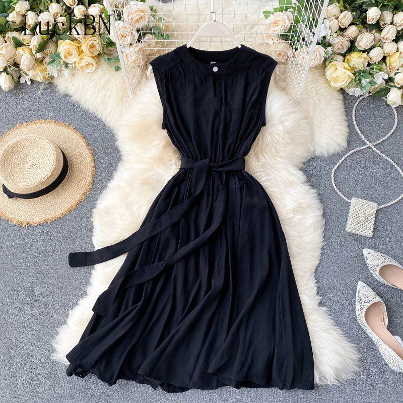 

Elegant Dress Summer Hollow-out Elegant O Neck Commuter Women Sleeveless Vest Dress Women Office Lady A-Line Midi dress 2021 New