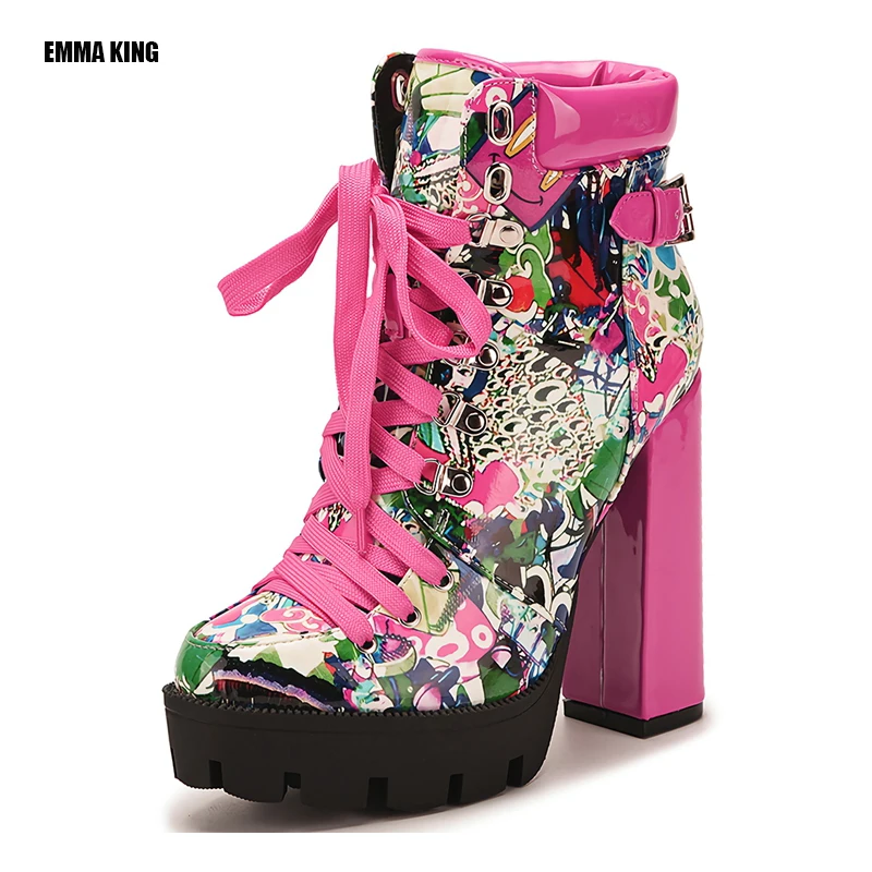 

2021 Martin Boots Women Round Toe Buckle Shoes Women High Heel Fashion Snakeskin Boots Plus Size Square Heels Lacing