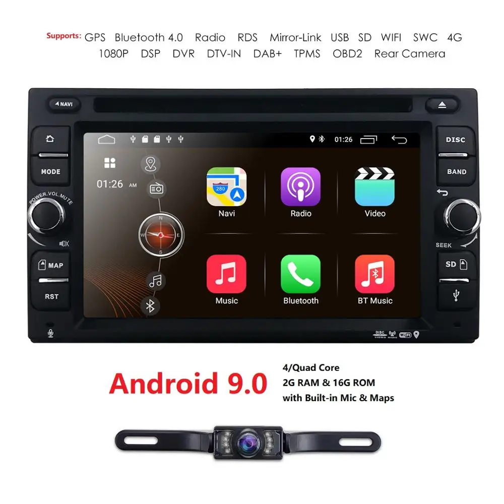 Четырехъядерный " 2Din Android9.0 Автомобильный DVD Радио мультимедийный плеер 1024*600 универсальный gps навигатор Авторадио Стерео аудио камера 2 г 4 г