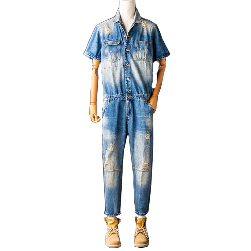 2021 trend fashion retro denim one-piece short-sleeved men's ripped overalls overalls lazy one men's and women's short-sleeved s