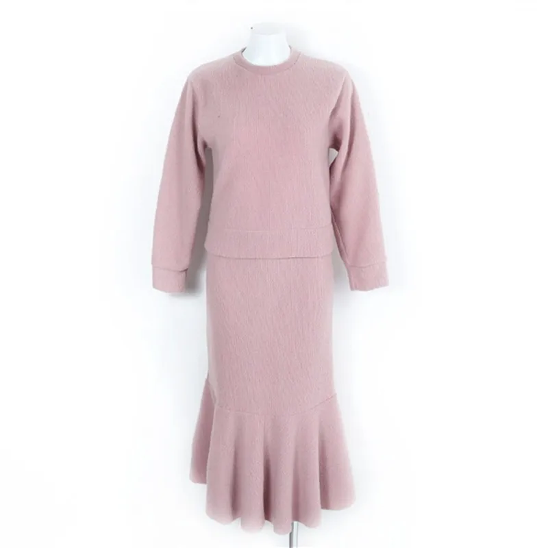 

Pink Korean Fashion Two Piece Skirt Sets Women Thicken Tops + Mermaid Long Skirt Suits Elegant Fashion Ladies 2 Piece Sets 2020