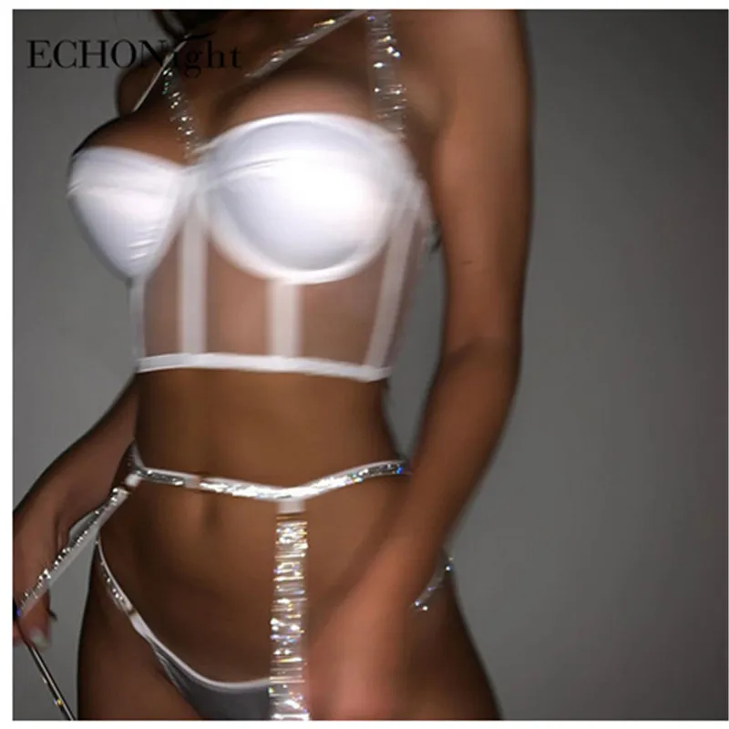 

Women 3 Piece Sexy Lingerie Set with Garter Straps Belts Sparkling Straps Decor Bra and Panty Teddy Babydoll Garment Exotic Set