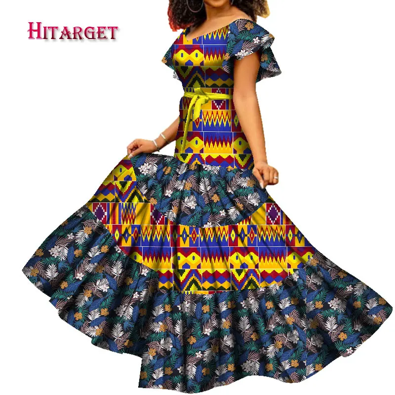 2020 African Clothes Dashiki Low Neck Short Sleeve Long Dress Full Length Skirt Elegant Bazin Riche for Party WY7609
