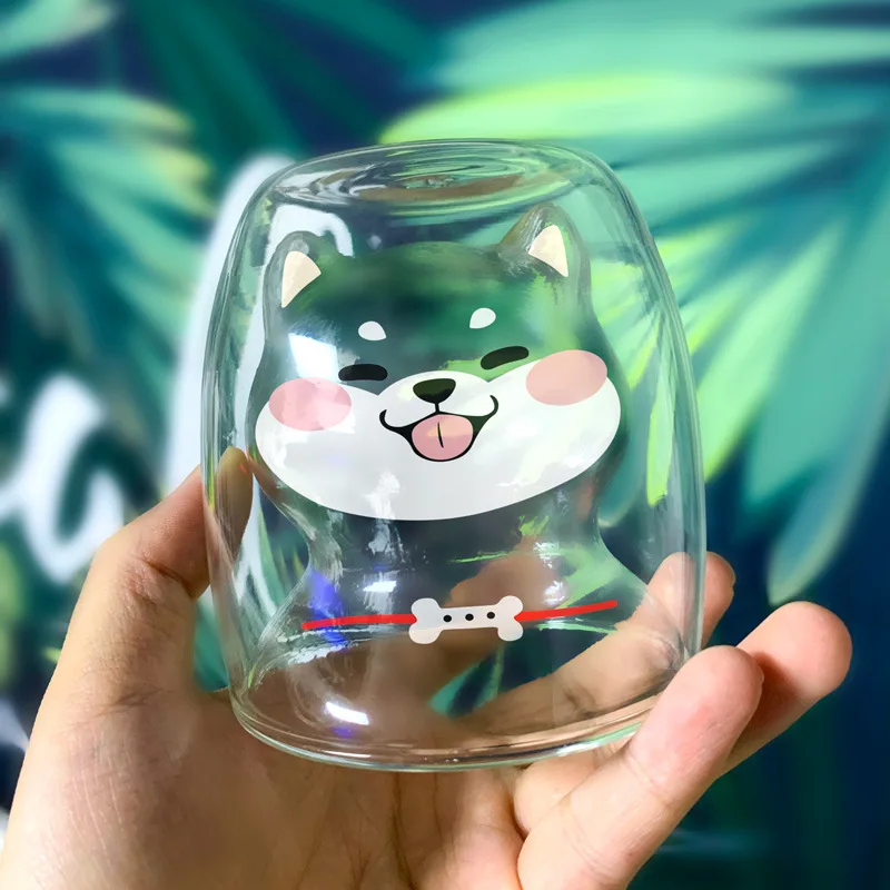 

Double Wall Glass Dog Cup Creative Wine Tea Water Glasses