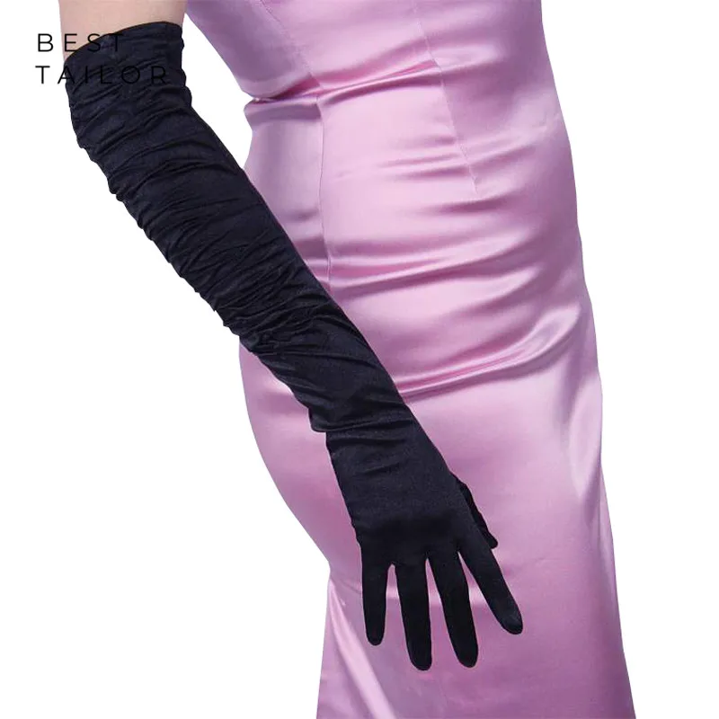 

Long Wedding Bridal Hand Gloves Finger Elbow Black White Satin Cuffs Pleats Wedding Formal Party Accessories Mariage gant femme