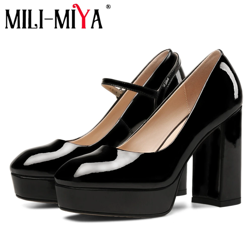 

MILI-MIYA Fashion Super High Thick Heels Women Cow Leather Pumps Platform Buckle Strap Round Toe Dress Party Shoes Handmade