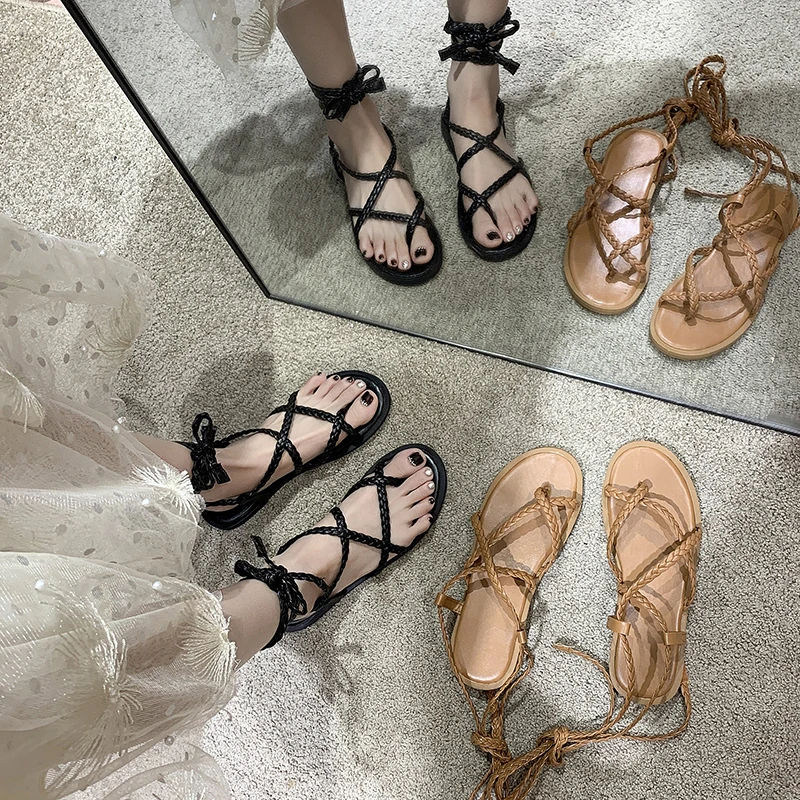 

Summer Weave Thin Rope Sandals Women 2021 Fashion Clip Toe Casual Flat Shoes Outdoor Beach Ankle Cross Lace Up Sandalias Mujer