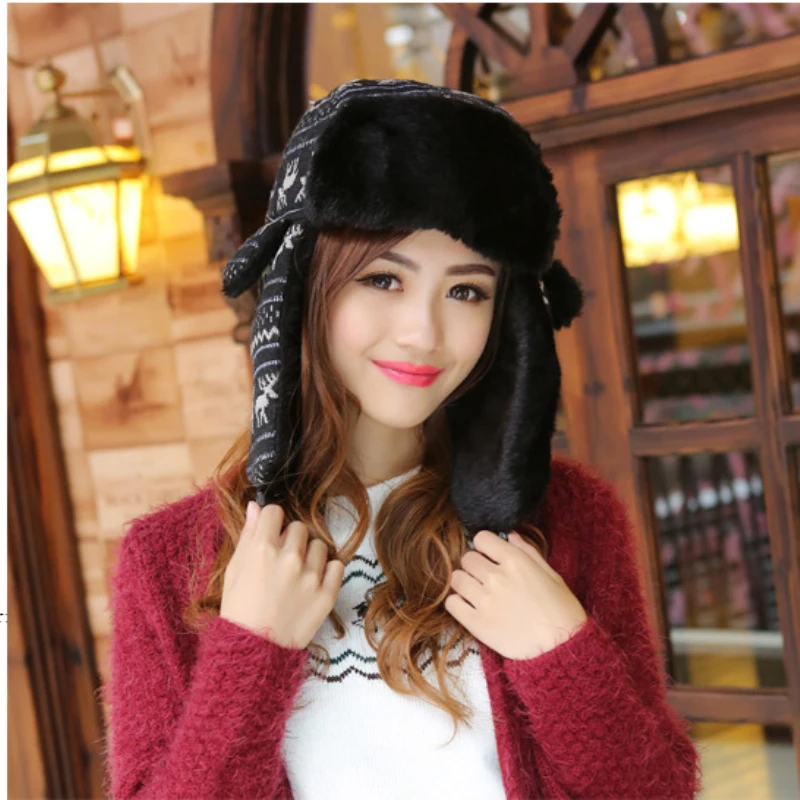 Русская меховая шапка ушанка черный белый цвет бомбер Шапки женский ушами Зимние